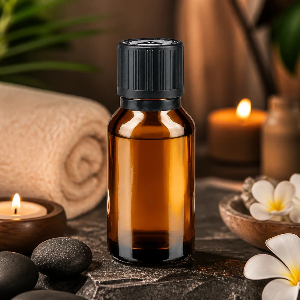 Frasco de farmácia de vidro castanho de 15 ml com tampa de rosca preta, entre pedras de massagem e velas