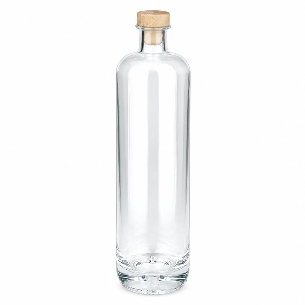 Garrafa de vidro de 700 ml Ella com pega de madeira e rolha UNiTWIST transparente vazia Fotografia do produto sobre um fundo branco