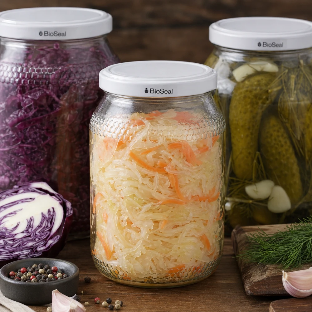 1260g Honigglas + BioSeal Deckel weiß UNiTWIST Frasco de mel de 900 ml com tampa BioSeal cheio de chucrute fermentado juntamente com couve roxa em conserva e especiarias