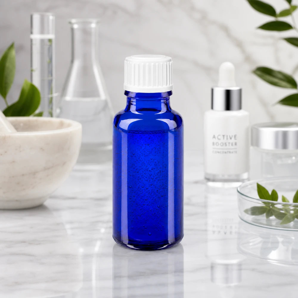 Pequeno frasco de farmácia azul de 20 ml, em vidro borossilicato de alta qualidade, com tampa branca