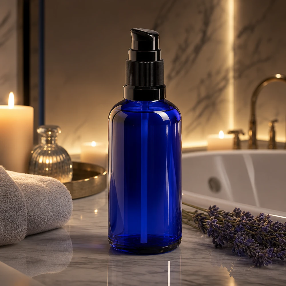 Frasco de farmácia azul 50ml tampa da bomba preto padrão Pequeno frasco de vidro azul de farmácia, de 50 ml, com tampa de bomba preta, na casa de banho