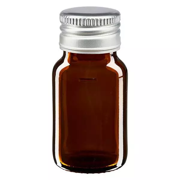 30ml Medizinflasche braun, mit Verschluss silber Aluminium ApoGlas 30ml Medizinflasche braun, mit Verschluss silber Aluminium ApoGlas