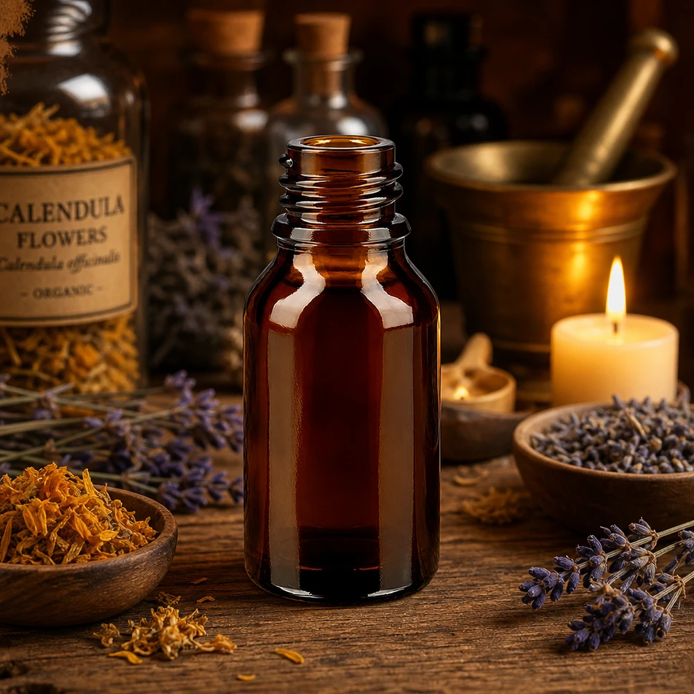 Frasco de farmácia castanho de 30 ml em formato alto ApoGlas com flores de calêndula vela de argamassa para aromaterapia