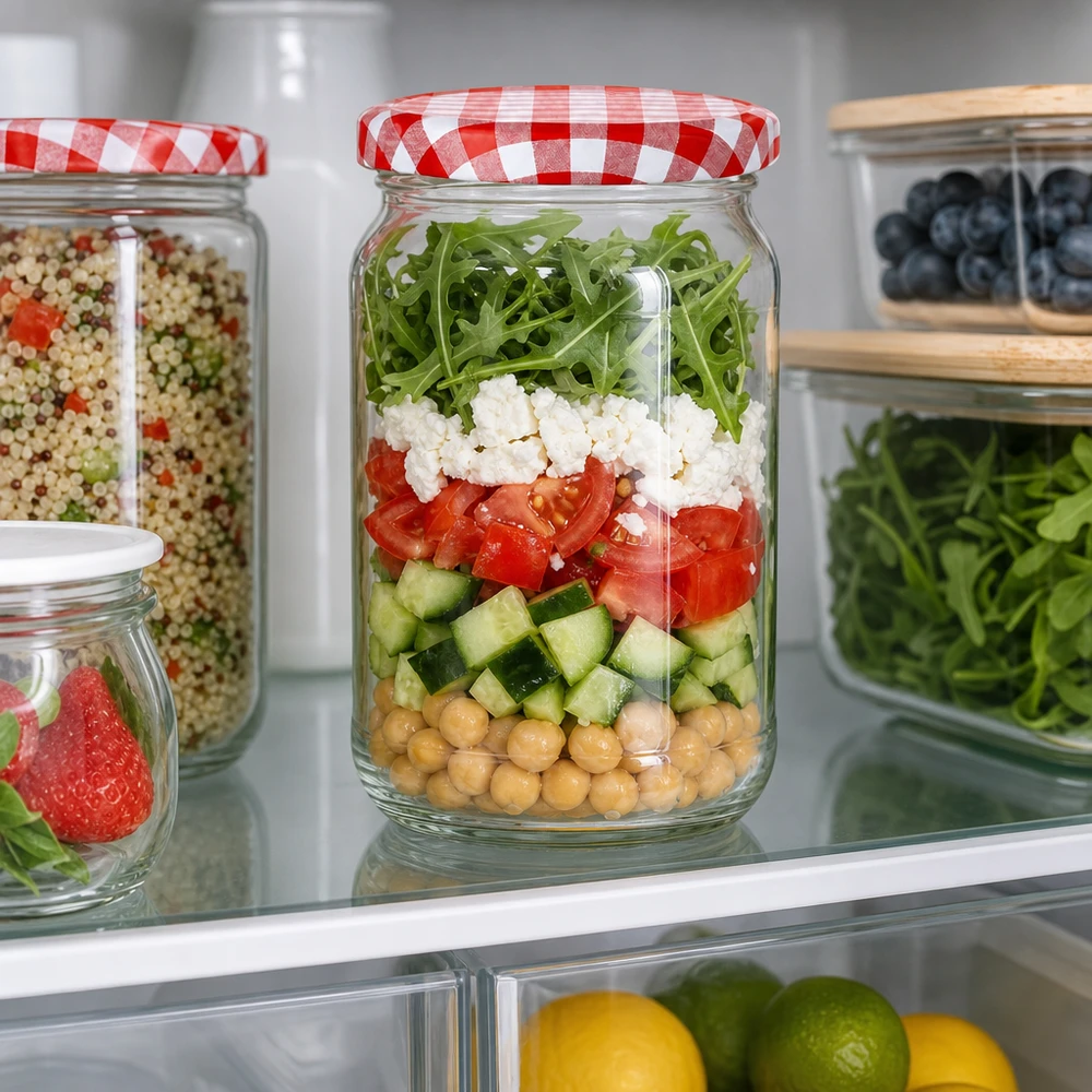 Frasco redondo de 1062 ml + tampa BasicSeal vermelha/branca UNiTWIST 1062ml Rundglas mit rot-weiß kariertem Deckel als Meal-Prep Salatglas im Kühlschrank mit Schichtsalat und Kichererbsen