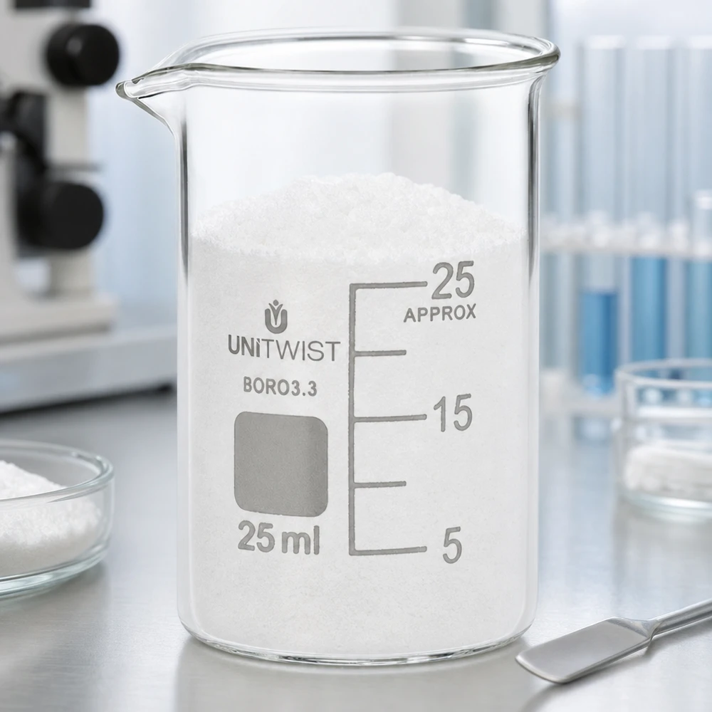 Copo de vidro UNiTWIST de 25 ml, de formato baixo, cheio de pó branco, sobre uma mesa de laboratório em aço inoxidável