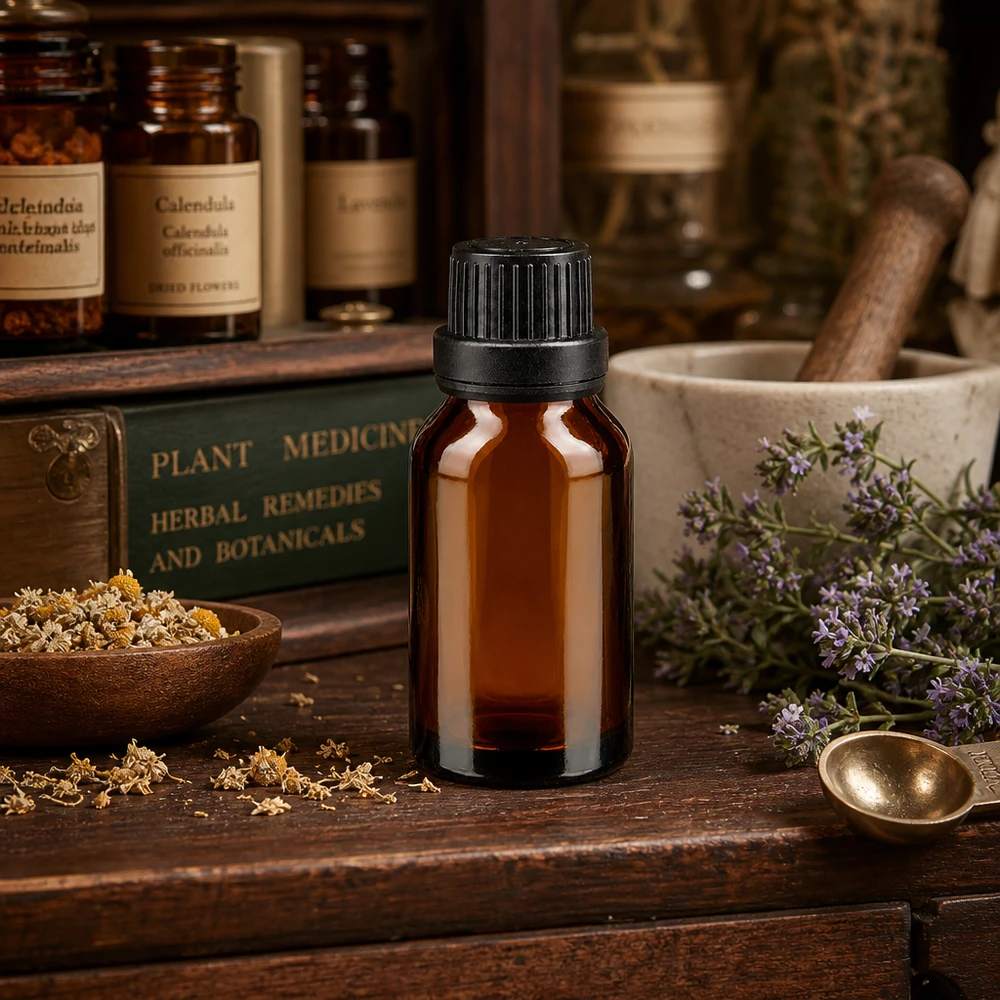 Frasco de medicamento escuro de 15 ml com tampa de segurança para crianças, ao lado de um almofariz e de produtos de fitoterapia
