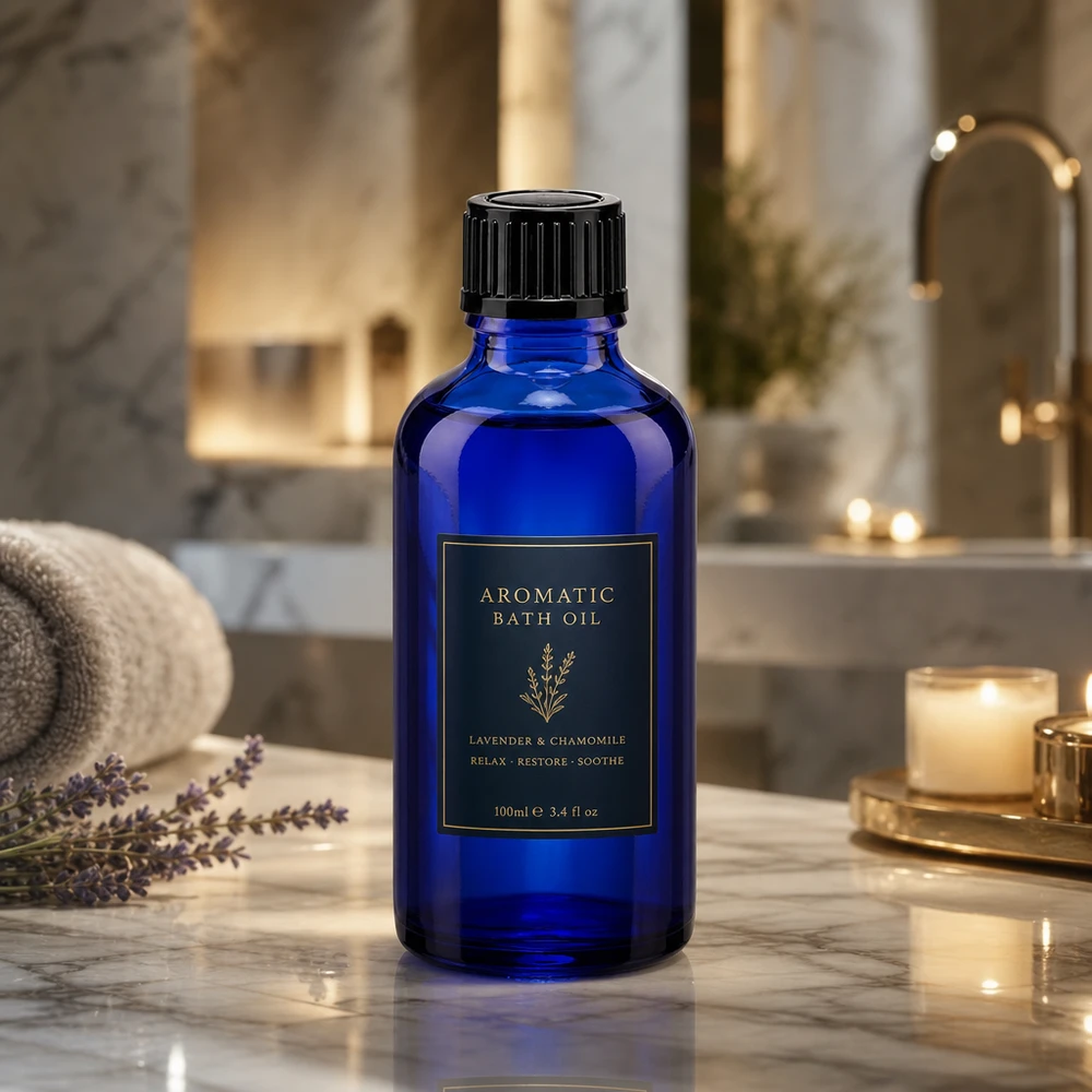Frasco de farmácia azul 50ml tampa de rosca preto standard Frasco de vidro azul de farmácia de 50 ml com tampa preta ao lado de plantas de lavanda sobre mármore