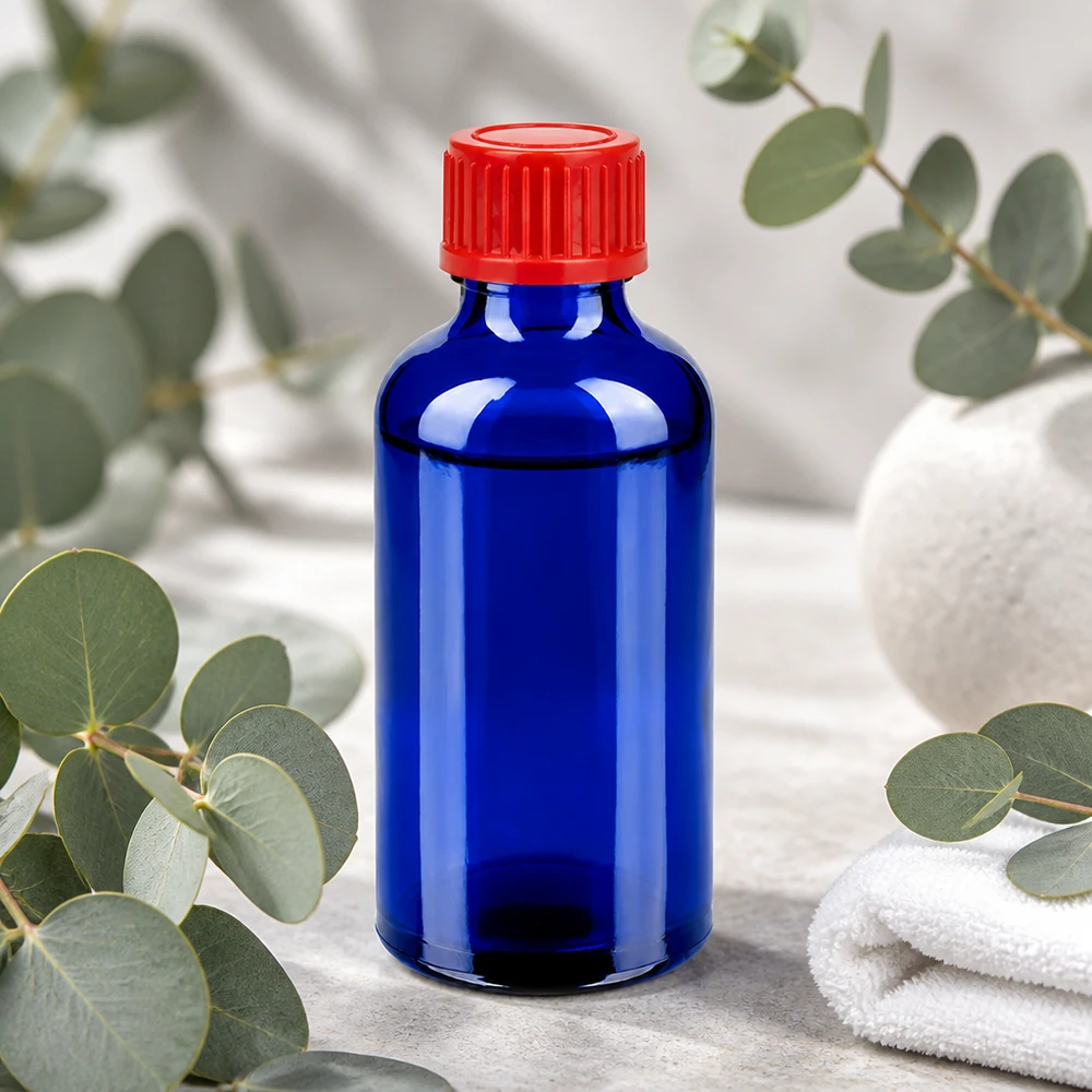 Frasco de vidro de 50 ml de alta qualidade com tampa vermelha com ranhuras para armazenamento seguro de líquidos