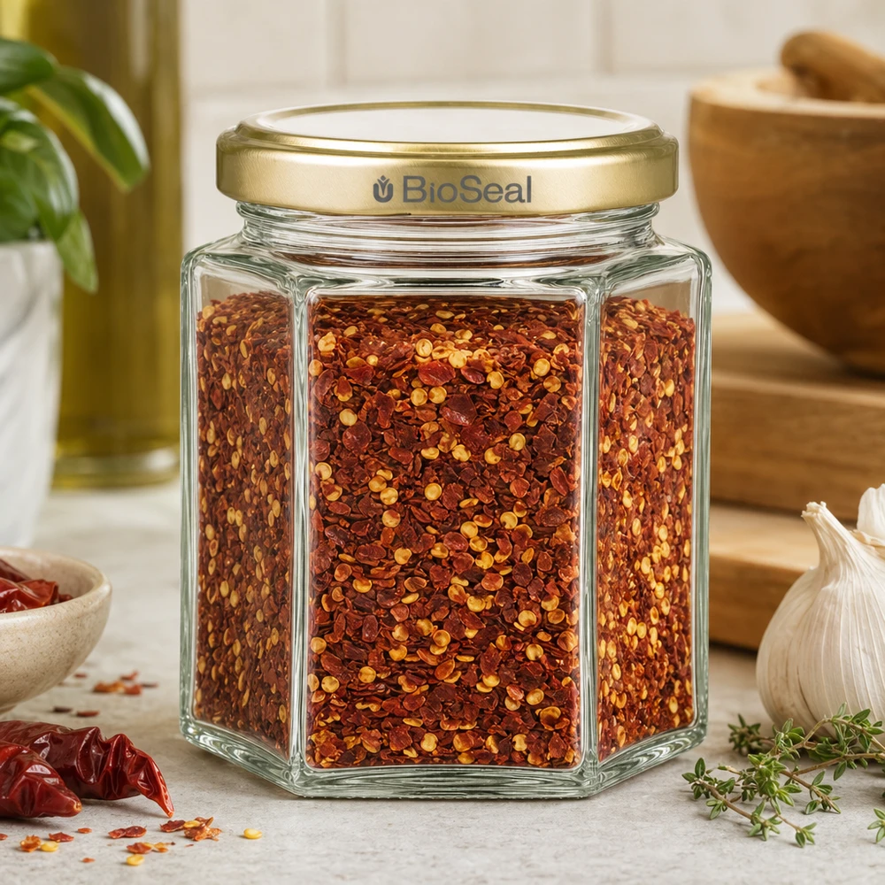 Frasco de mel de 250 g hexagonal cheio de mistura de especiarias com malagueta tampa dourada BioSeal ambiente de cozinha com alho tomilho
