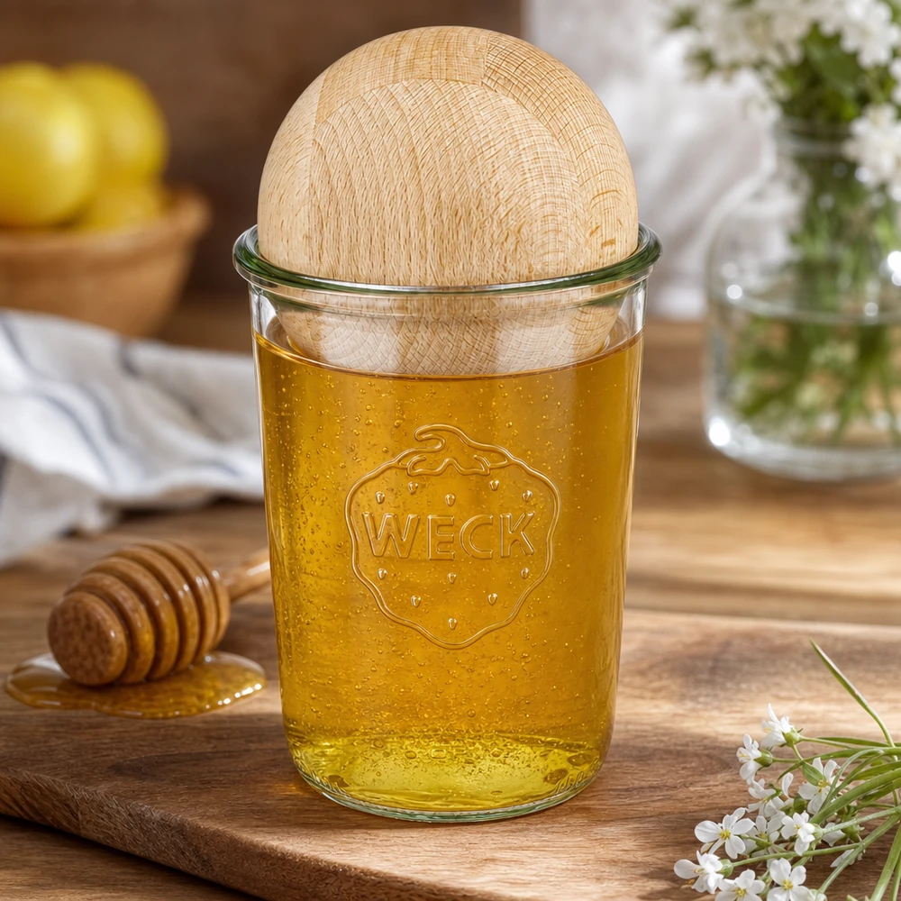 Copos de vidro de 850ml WECK RR100 com bola de madeira faia Copos WECK RR100 850ml cheios de mel e bola de madeira de faia, expositor decorativo de cozinha com colher de mel