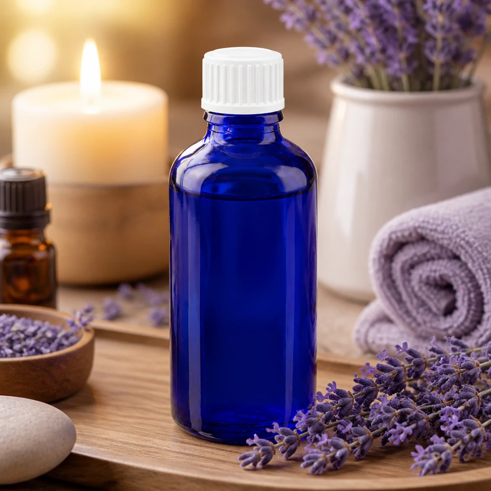 Frasco de farmácia azul 50ml tampa de rosca branco standard Frasco de vidro azul de 50 ml com tampa conta-gotas branca, rodeado por flores de lavanda e velas