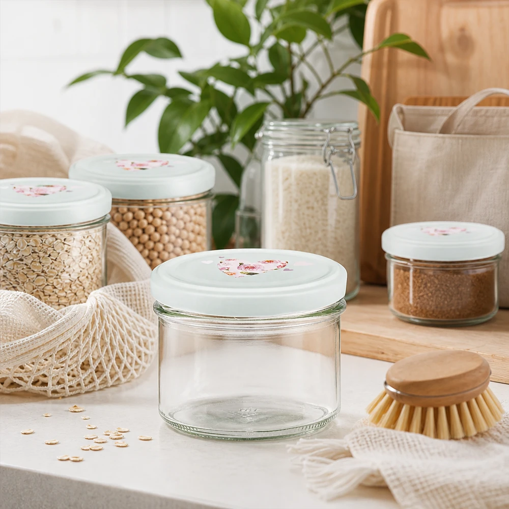 Copos de 225 ml com tampa em forma de coração BasicSeal de menta em cozinha sustentável sem desperdício com frascos de armazenamento e saco de juta