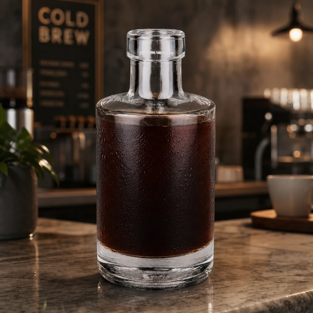200ml Glasflasche "Marie" ohne Verschluss UNiTWIST Garrafa de vidro de 200 ml Marie cheia de café frio num ambiente de café moderno Exemplo de aplicação de café