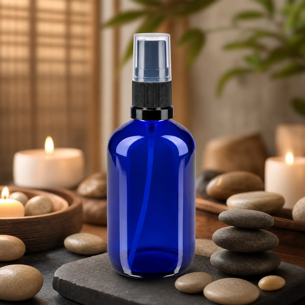 Frasco de farmácia azul 100ml spray top preto Frasco de spray azul de 100 ml em vidro de farmácia com pulverizador preto, no ambiente Zen Spa com velas