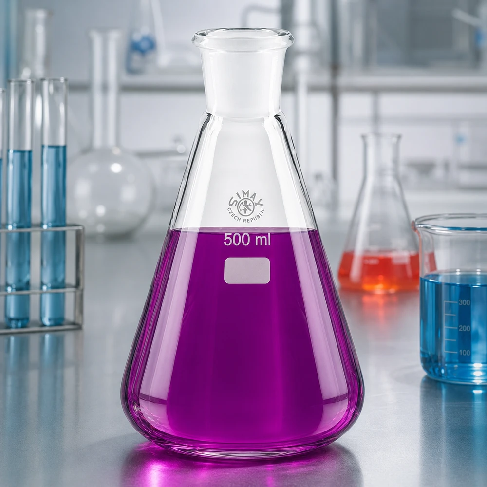 Líquido violeta em frasco Erlenmeyer de 500 ml com junta esmerilada padrão 29/32 no laboratório