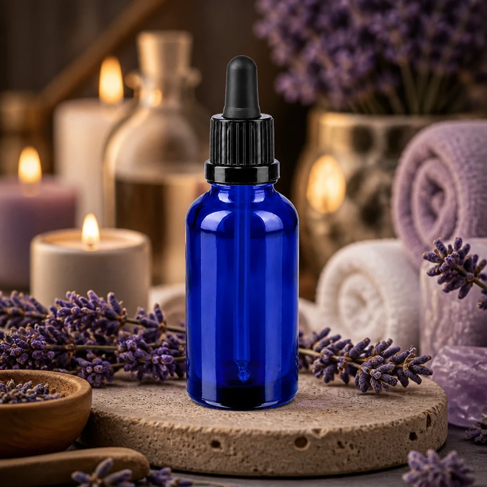 Frasco pipeta de 30 ml de alta qualidade em azul elegante para aromaterapia e óleos essenciais