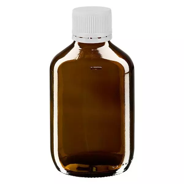 Frasco de medicamento de 200ml castanho, tampa branca com anel inviolável ApoGlas Frasco de medicamento de 200ml castanho, tampa branca com anel inviolável ApoGlas