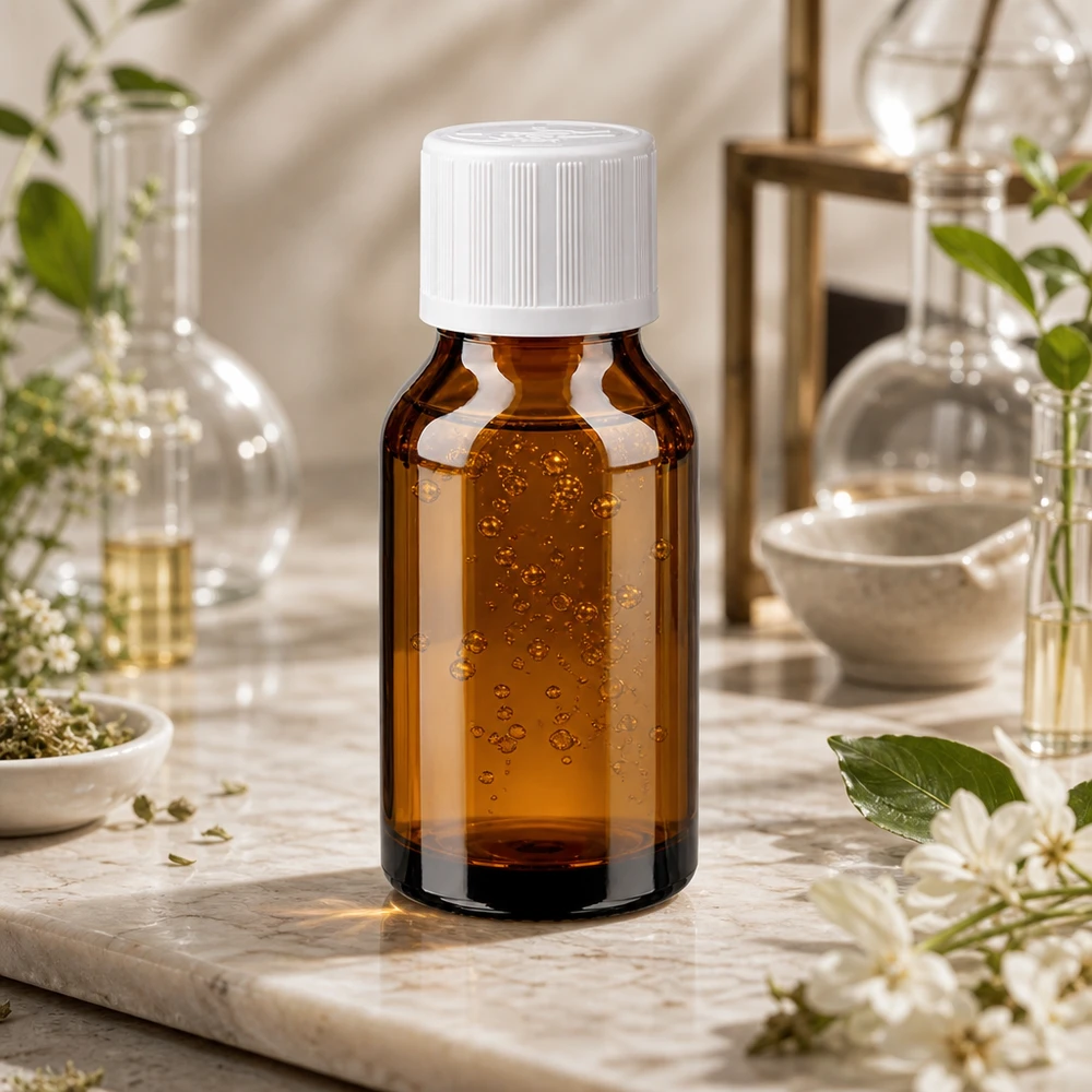 Frasco de farmácia castanho 15ml com tampa de rosca branca Padrão resistente a crianças Óleo essencial num frasco de vidro castanho com proteção contra os raios UV, de 15 ml, com tampa de rosca branca