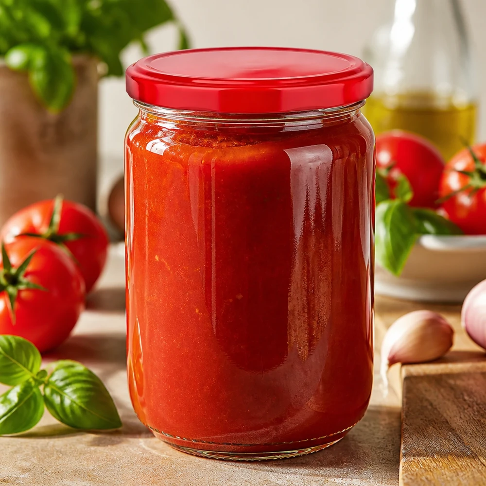 Frasco redondo de vidro UNiTWIST de 555 ml com tampa BasicSeal vermelha, cheio de molho de tomate caseiro