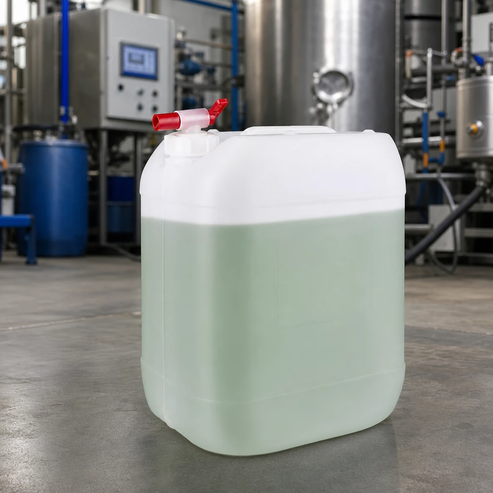 Bidão industrial transparente de 20 L com líquido verde e torneira de escoamento vermelha