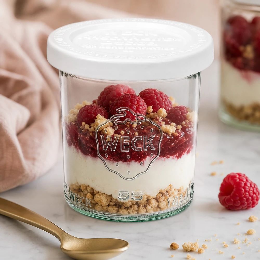 Frasco de vidro de 140 ml com tampa hermética WECK RR60 Copos WECK 140ml RR60 cheios de framboesas e sobremesa de mascarpone - apresentação elegante para sobremesas doces