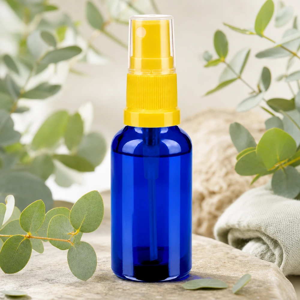 Frasco de vidro vazio de 30 ml com acessório de pulverização amarelo, ideal para cosméticos naturais com enchimento automático