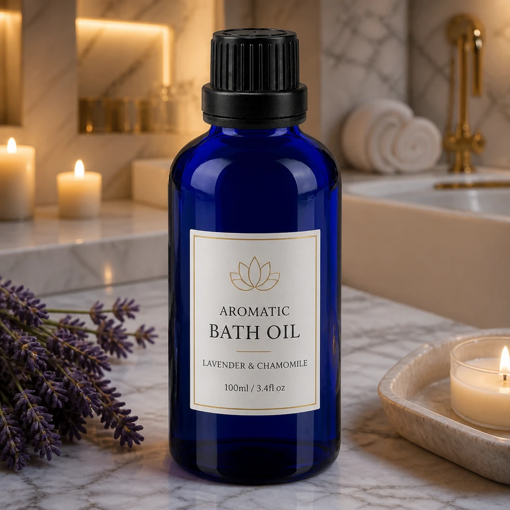 Frasco de farmácia azul 50ml tampa de rosca preta fecho inviolável Frasco de vidro azul de 50 ml com etiqueta de óleo de banho sobre mármore, ao lado de lavanda fresca e velas