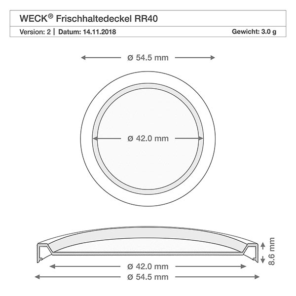 Frasco cilíndrico de 145ml com tampa de frescura. WECK RR40 Desenho técnico da tampa para alimentos frescos WECK RR40 com dimensões 54,5 mm de diâmetro exterior 42 mm de diâmetro interior 8,6 mm de altura