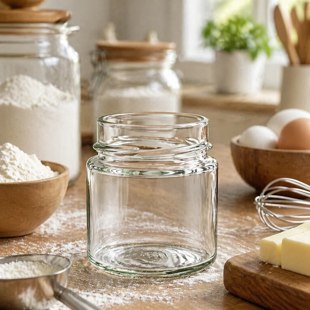 Frasco de conserva redondo vazio de 135 ml UNiTWIST Runda135 TO58deep na mesa da cozinha entre os ingredientes de pastelaria e os utensílios de cozinha