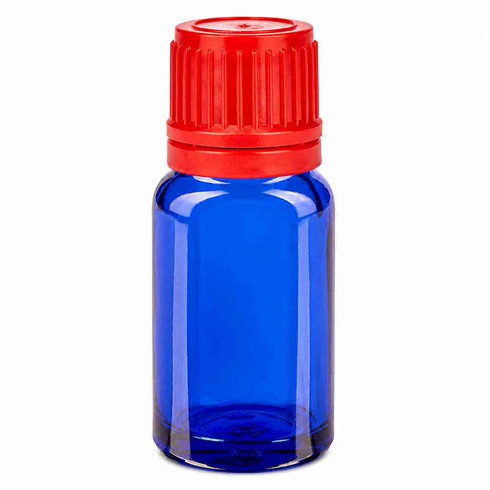 Frasco de vidro azul de 10 ml com tampa de rosca vermelha 11 mm SV para óleos essenciais e tinturas