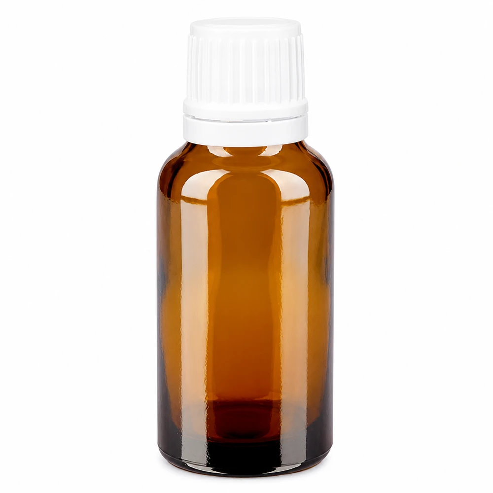 Frasco de farmácia castanho de 20 ml com tampa de rosca branca, em vidro castanho de alta qualidade