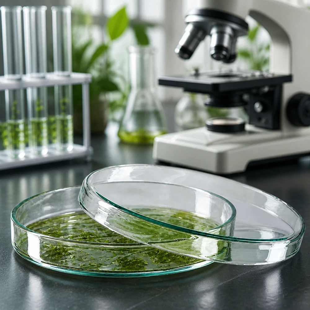 Placa de Petri de vidro de 100 x 10 mm com cultura de algas verdes ao lado de um microscópio num laboratório de investigação