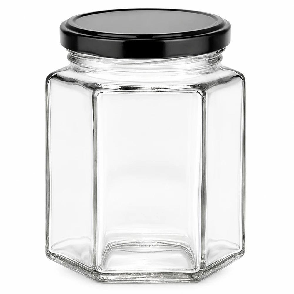 Frasco hexagonal de 196 ml com tampa BasicSeal preta - frasco hexagonal de vidro transparente para conservas e pastas de barrar