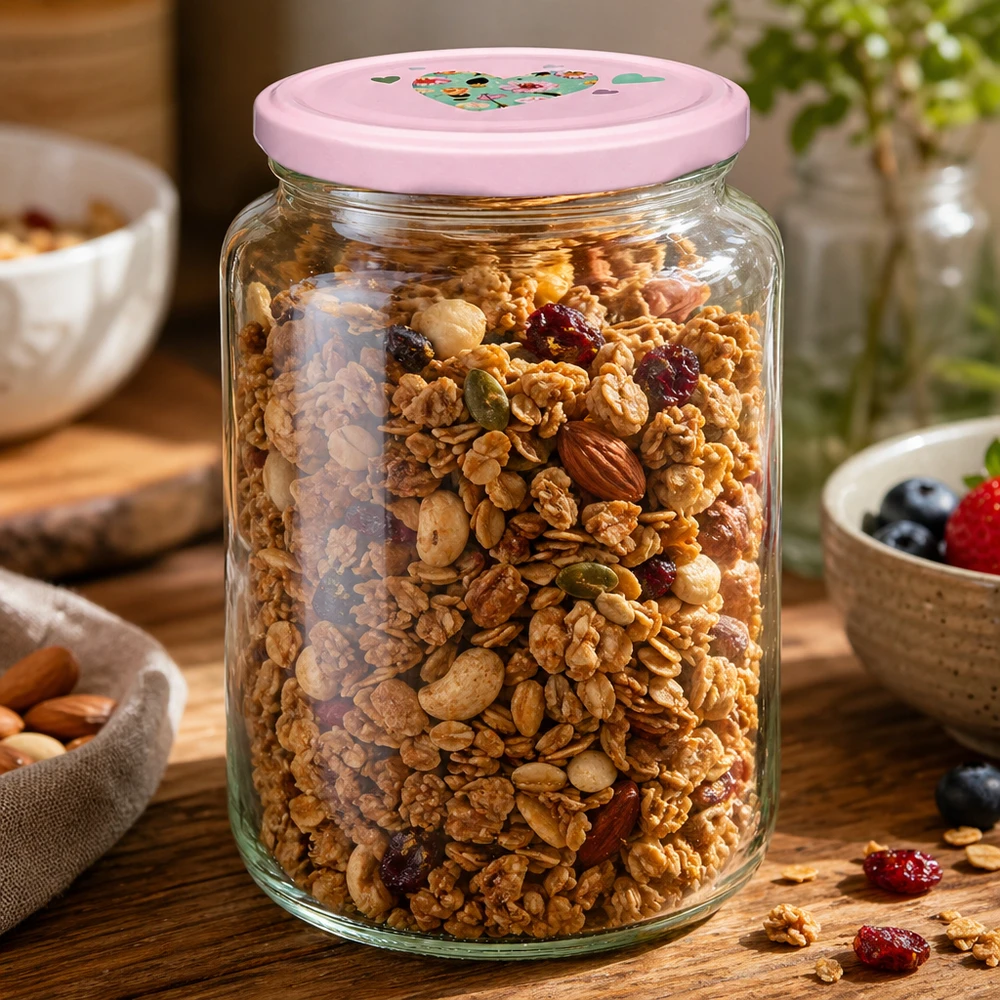 Frasco redondo de 795 ml + tampa BasicSeal cor-de-rosa UNiTWIST Rundglas 795ml mit rosa Herzdeckel gefüllt mit Müsli Nüssen und Trockenfrüchten als praktisches Vorratsglas für Küche