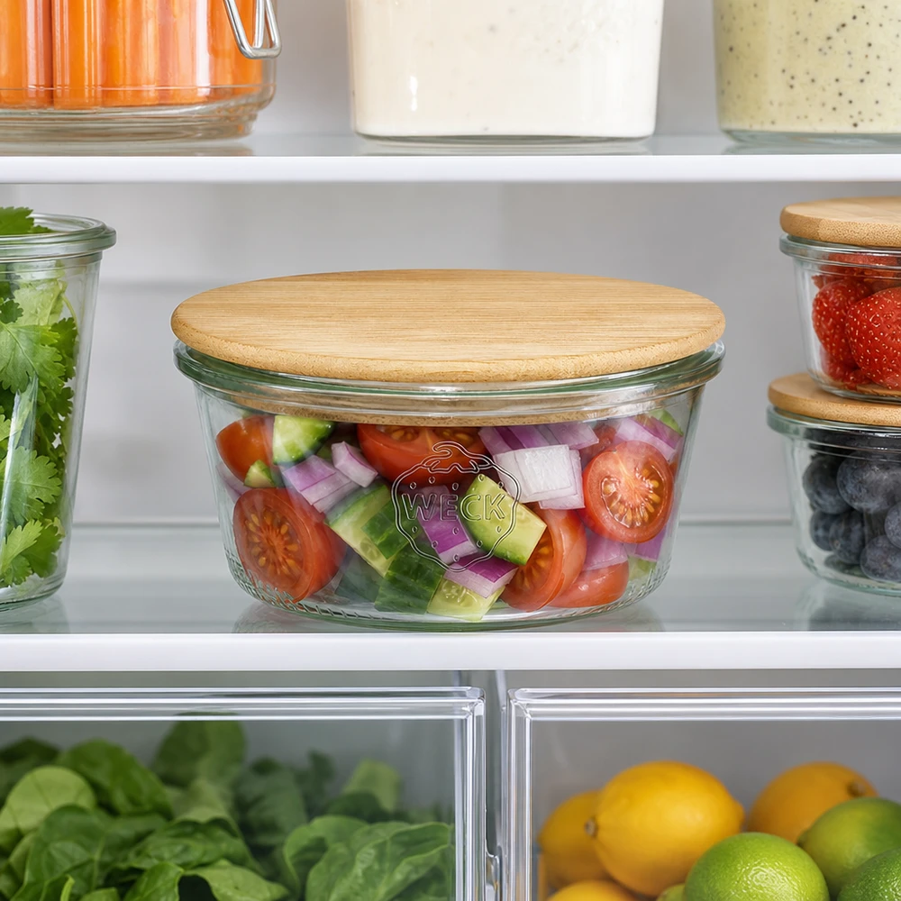 290ml Sturzglas niedrig WECK RR100 mit Holzdeckel Copos WECK de 290 ml RR100 com tampa de madeira de bambu no frigorífico, cheios de salada fresca, óptima conservação
