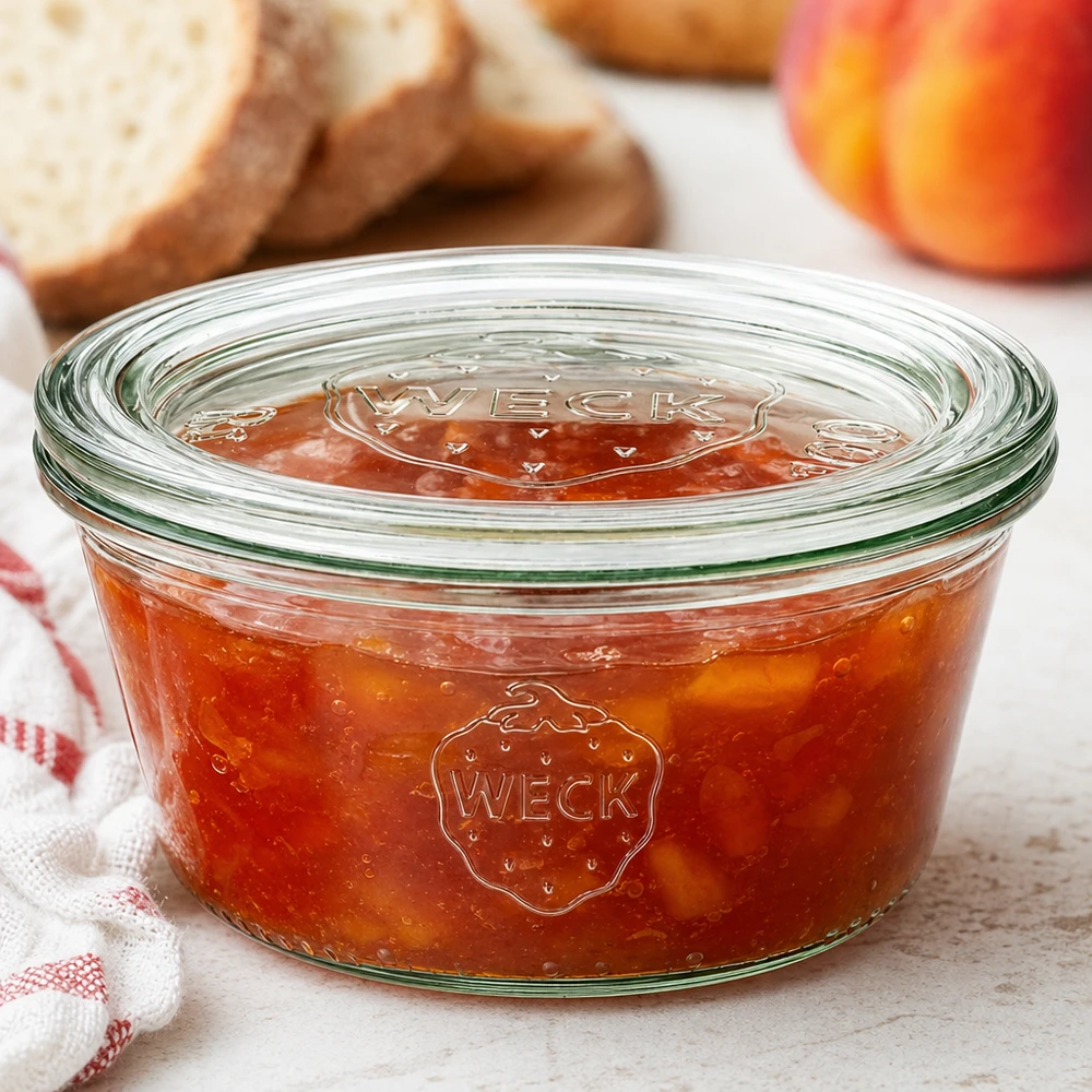 Frasco WECK de 290 ml RR100 com compota de pêssego e tampa de vidro ao lado de pão e fruta numa cena de cozinha acolhedora