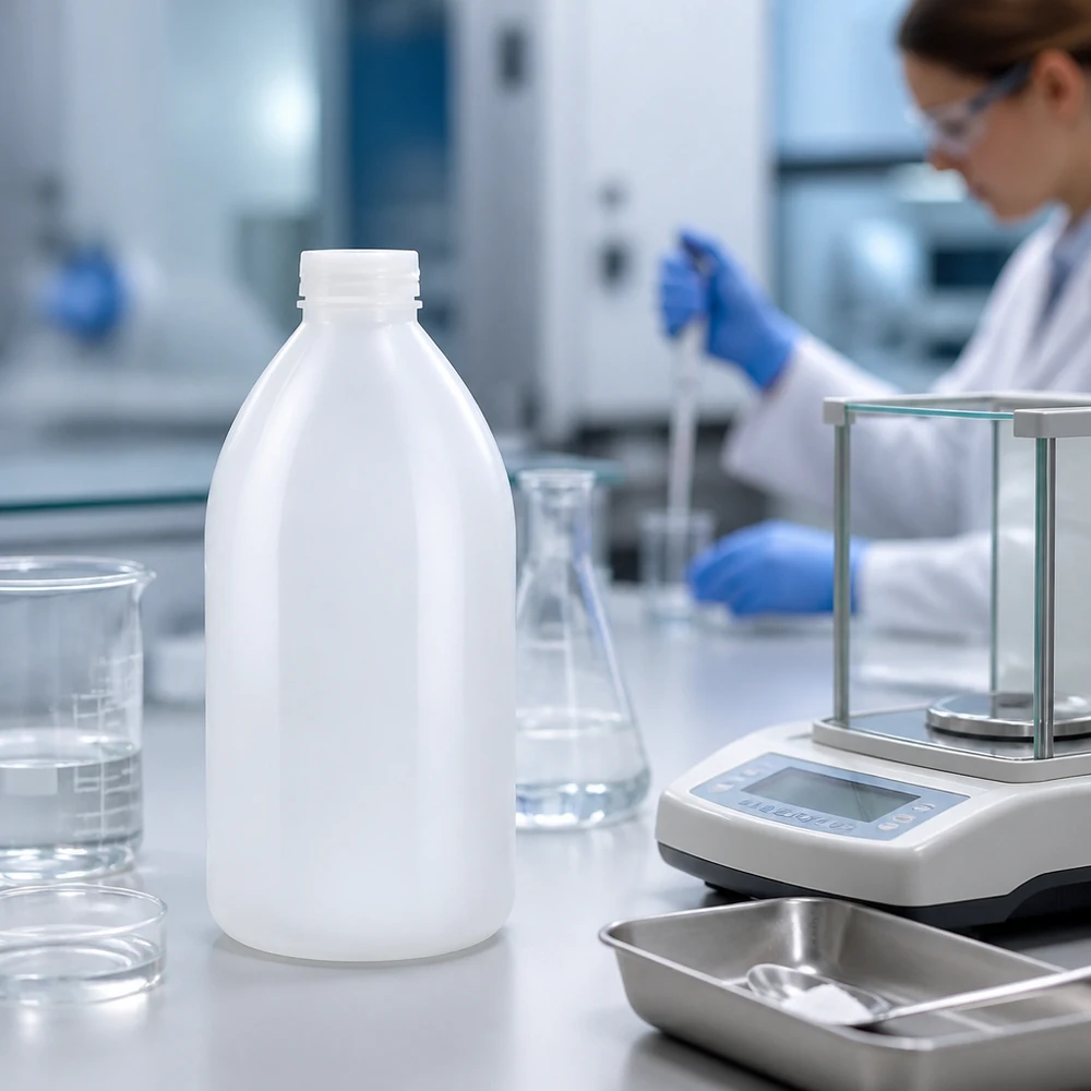Frasco de laboratório de gargalo estreito branco de 1000 ml ao lado de uma balança analítica e de um frasco de Erlenmeyer no laboratório