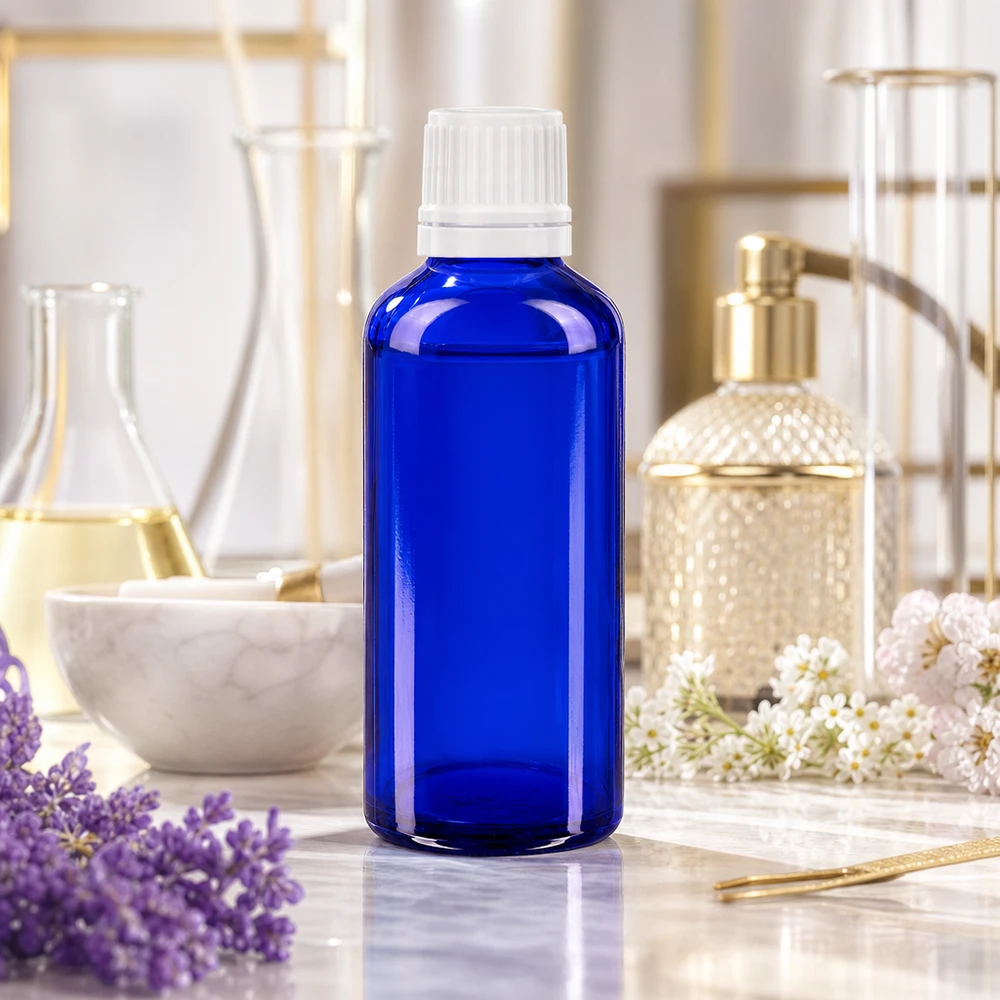 Frasco de farmácia azul 50ml tampa conta-gotas 1.2mm branco fecho inviolável Garrafa de vidro azul de 50 ml com conta-gotas branco de 0,7 mm para uma dosagem precisa