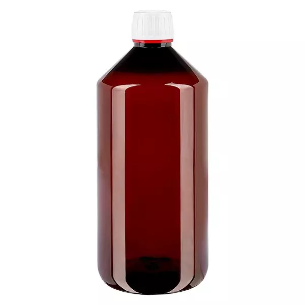 Frasco PET 1000ml com tampa inviolável branca/vermelha Frasco PET 1000ml com tampa inviolável branca/vermelha