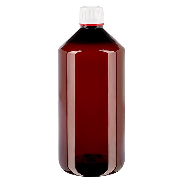 Frasco PET 1000ml com tampa inviolável branca/vermelha Frasco PET 1000ml com tampa inviolável branca/vermelha