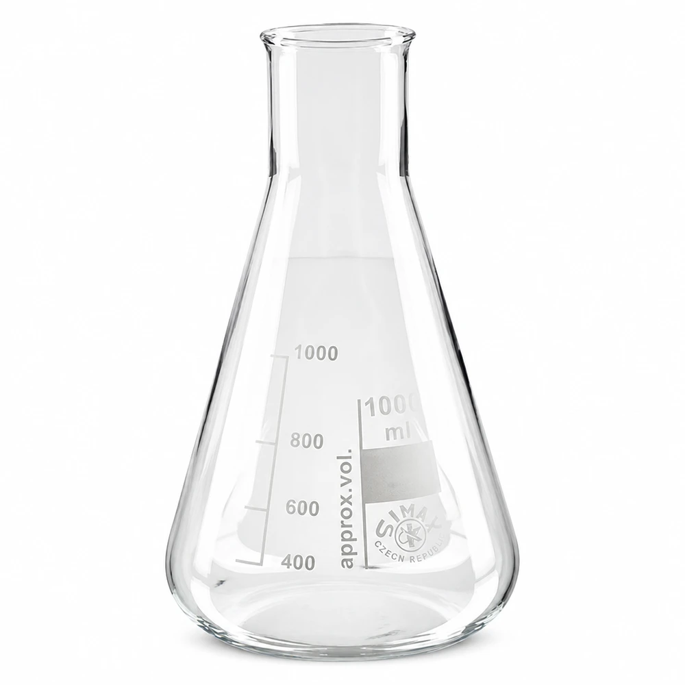Erlenmeyer 200ml com gargalo largo Frasco Erlenmeyer de 200 ml com gargalo largo em vidro borossilicato para utilização em laboratório e experiências