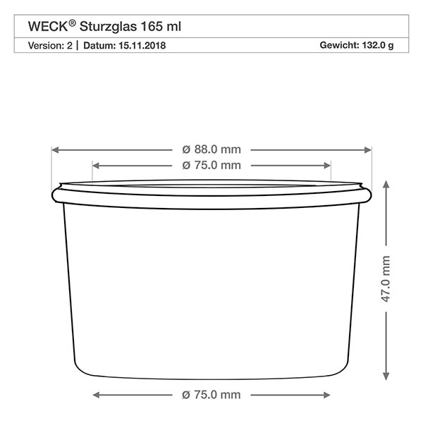 Conjunto de 24 frascos Weck copos de vidro de 165ml Desenho técnico dimensional dos copos WECK 165ml RR80 com dimensões diâmetro 88mm altura 47mm peso 132g
