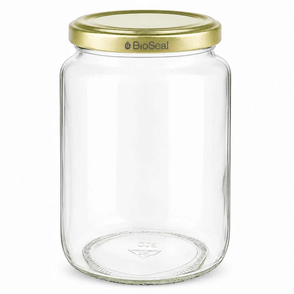 1000g Honigglas mit goldenem Deckel BioSeal UNiTWIST Frasco de mel de 1000 g vazio com tampa dourada BioSeal para compotas de mel e conservas em vidro transparente