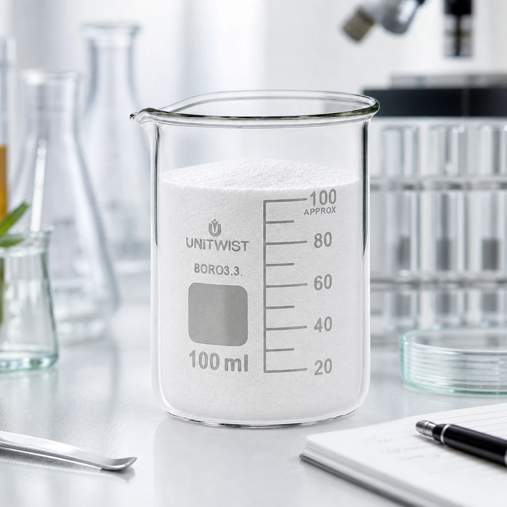 Copo 100 ml de borossilicato, baixo teor de bolor UNiTWIST Copo de vidro UNiTWIST de 100 ml cheio de pó branco sobre a bancada do laboratório