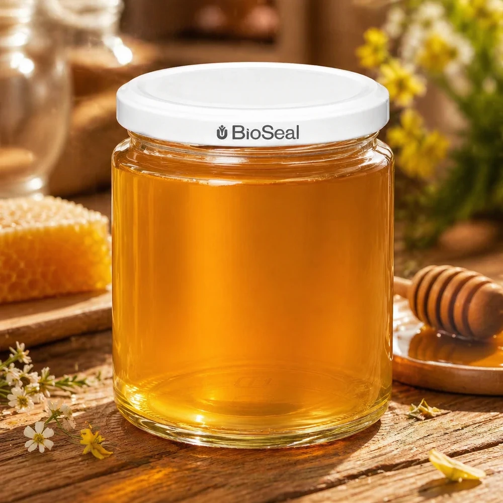 350g Honigglas + BioSeal Deckel weiß UNiTWIST Frasco de mel BioSeal UNiTWIST de 250 ml cheio de mel dourado sobre uma mesa de madeira com favo de mel e pau de mel