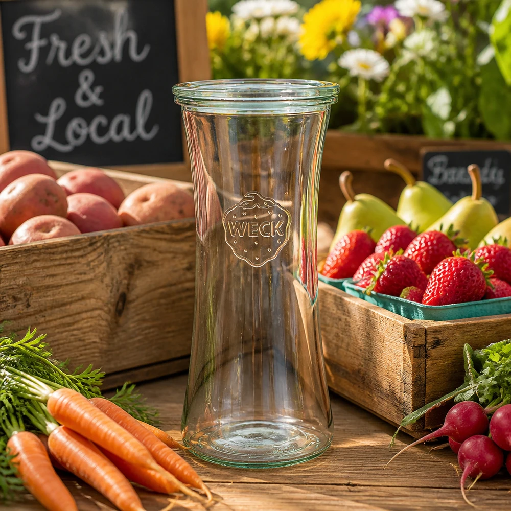 Frasco de charcutaria WECK 700ml RR80 entre frutas e legumes frescos numa mesa de madeira rústica - frasco de conserva para produtos locais