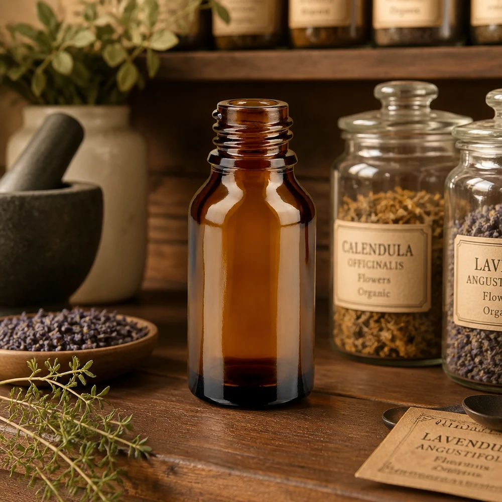 Frasco de boticário castanho ApoGlas de 15 ml em autêntico boticário de ervas com lavanda de calêndula e frascos de plantas medicinais