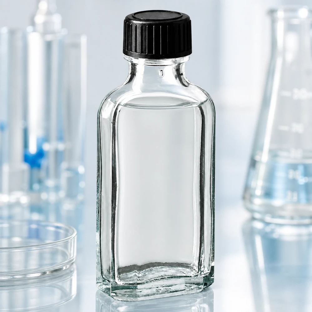 Frasco Meplat transparente de 50 ml com disco de vedação em EPE e tampa preta num ambiente de laboratório