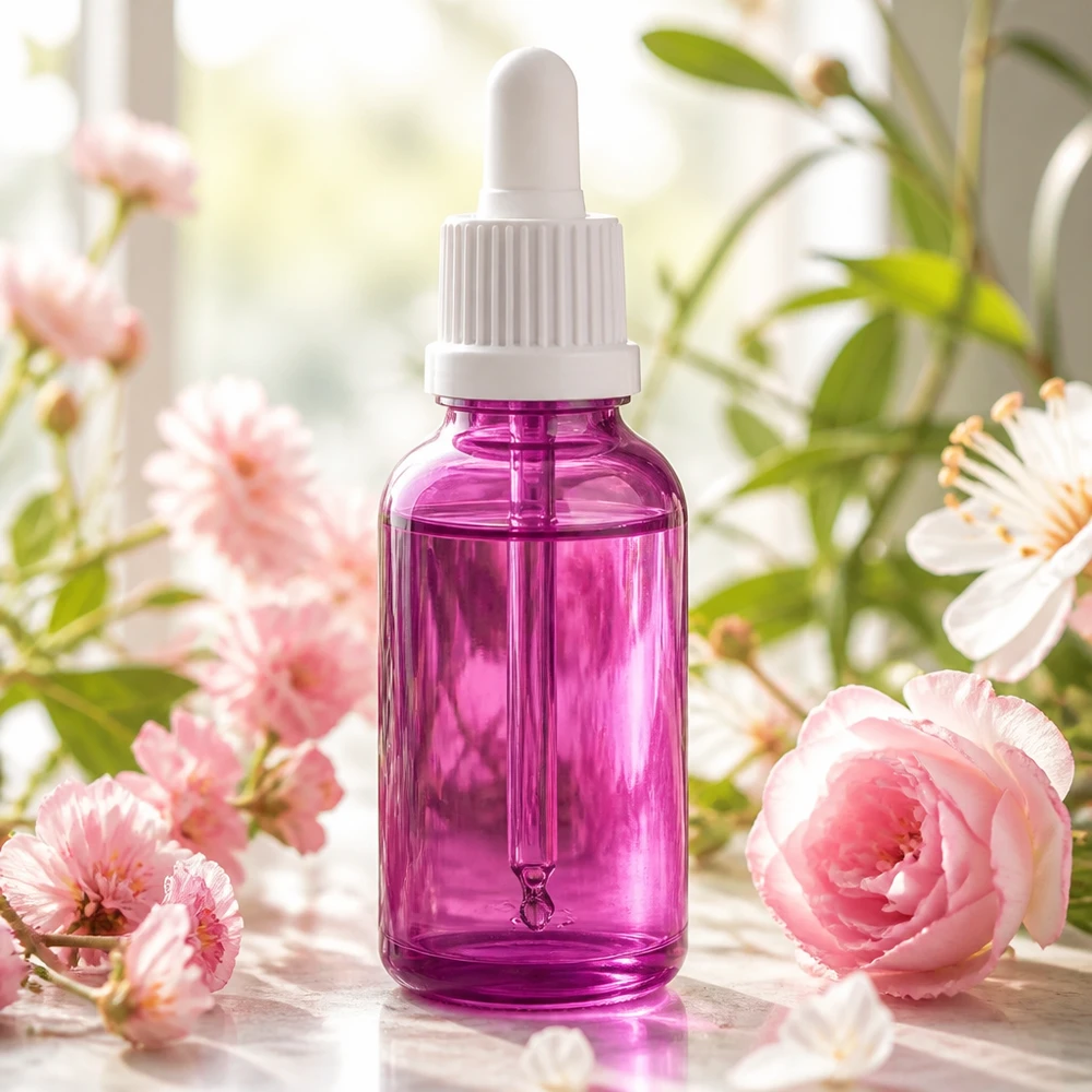 Frasco de pipeta de 30 ml com tampa de rosca de originalidade branca PurpleLine UT18/30 Frasco de pipeta violeta de 30 ml com tampa de rosca branca para aplicações de aromaterapia