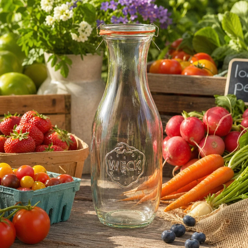 Garrafa para sumo de 1062 ml, completa, WECK RR60 Garrafa de sumo WECK 1062ml RR60 vazia entre legumes frescos e fruta numa mesa de madeira Ambiente de mercado de agricultores natural